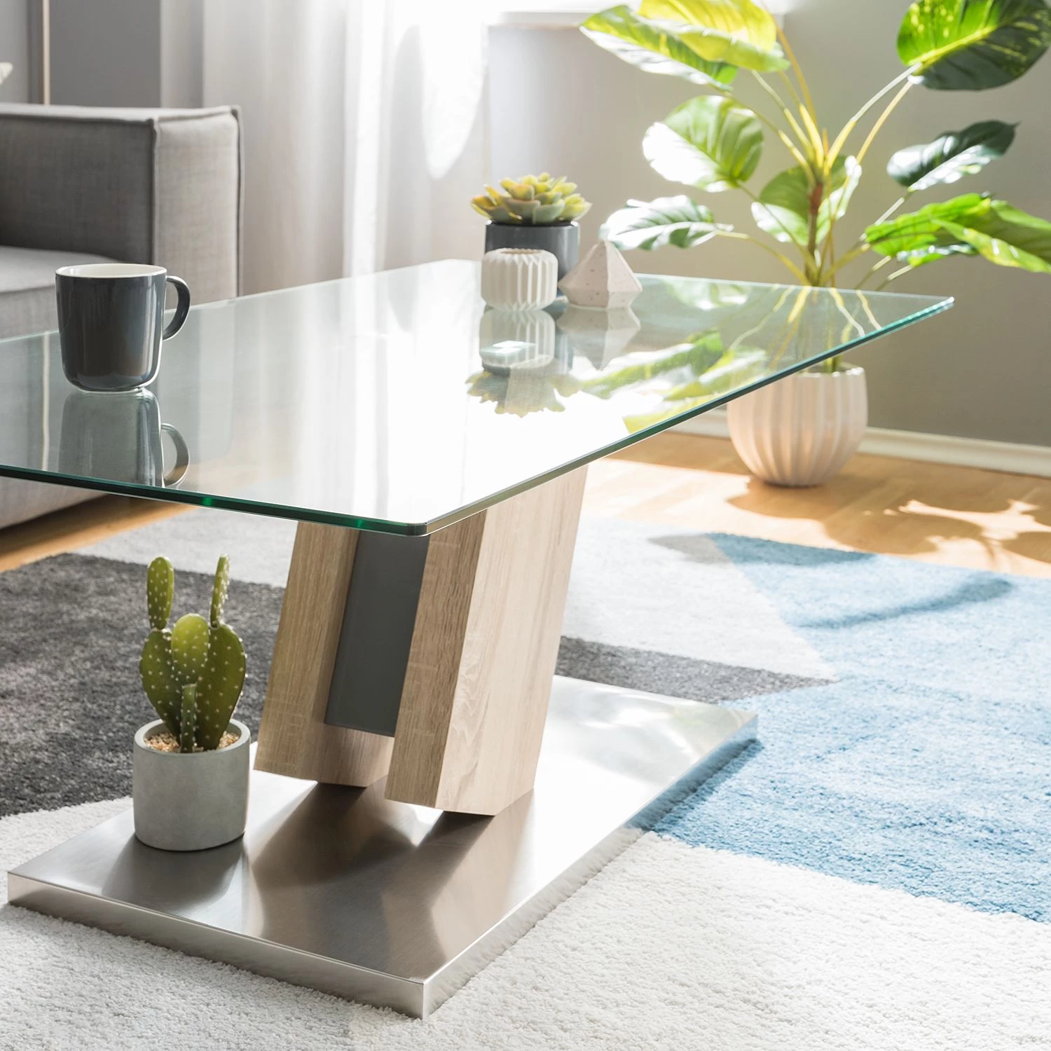 Fredriks Table basse Bleik - Verre de sécurité / Acier inoxydable - Imitation chêne / Argenté 5 Fredriks Table basse Bleik - Verre de sécurité / Acier inoxydable - Imitation chêne / Argenté – Image 5