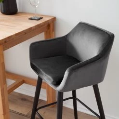 Mørteens Chaises de bar Nicholas III - Velours / Chêne massif - Noir - Gris foncé - Lot de 2 -Meubles de salle à manger Soldes Magasin 1000138436 200814 08201500017 DETAILS P000000001000138436