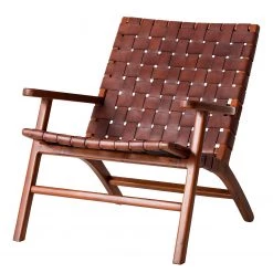 Ars manufacti Fauteuil design Bourbourg - Cuir tressé / Teck massif - marron cognac / Teck
