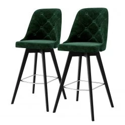 Tenzo Chaises de bar Lux I (lot de 2) - Velours / Chêne massif - Tissu Vika : Vert forêt - Noir