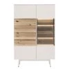 GWINNER Buffet haut Misano - Placage en bois véritable - Gris Sahara / Planches de chêne - Blanc / Chêne sauvage - Porte en verre à droite - Avec éclairage