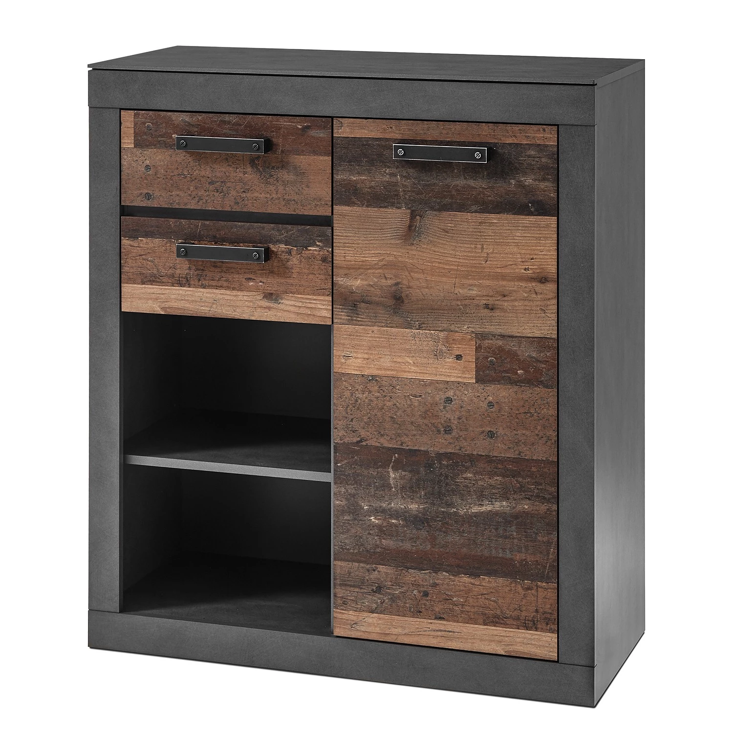 Red Living Commode Buzan IV - Imitation bois recyclé / Anthracite 1 Red Living Commode Buzan IV - Imitation bois recyclé / Anthracite