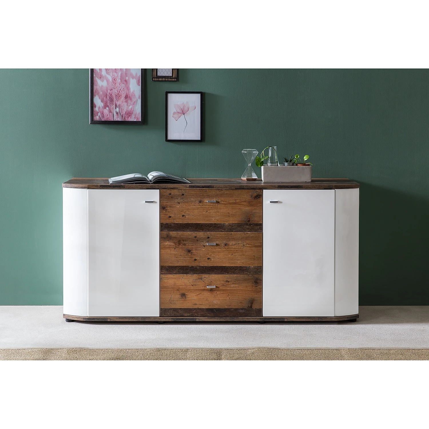 Fredriks Buffet Karlsburg - Blanc brillant / Imitation bois recyclé 2 Fredriks Buffet Karlsburg - Blanc brillant / Imitation bois recyclé – Image 2