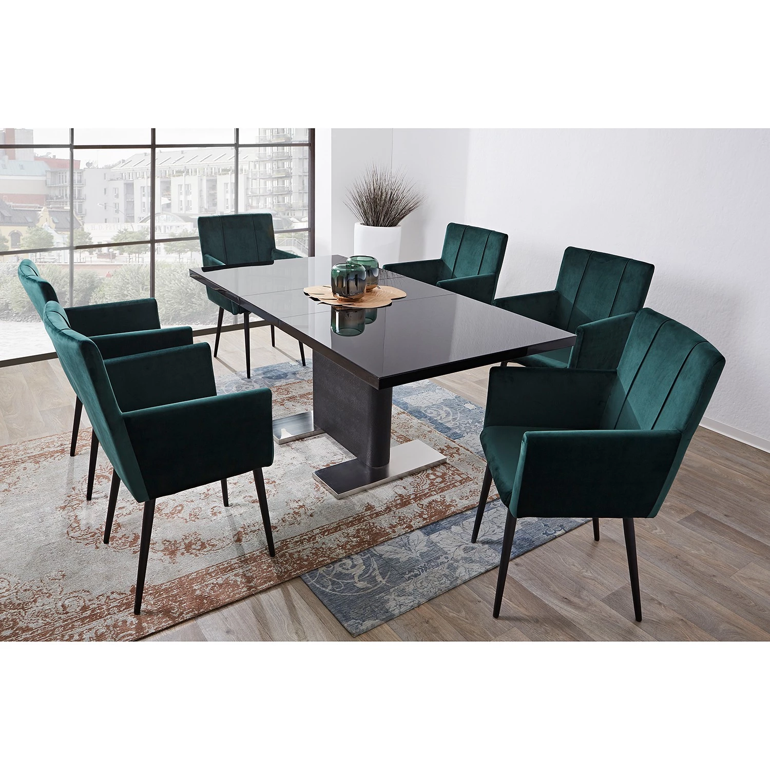 Loftscape Table Rosnay - (extensible) - MDF (panneau de fibres à densité moyenne) & verre / Acier inoxydable - Noir & imitation peau de serpent anthracite / acier inoxydable 2 Loftscape Table Rosnay - (extensible) - MDF (panneau de fibres à densité moyenne) & verre / Acier inoxydable - Noir & imitation peau de serpent anthracite / acier inoxydable – Image 2