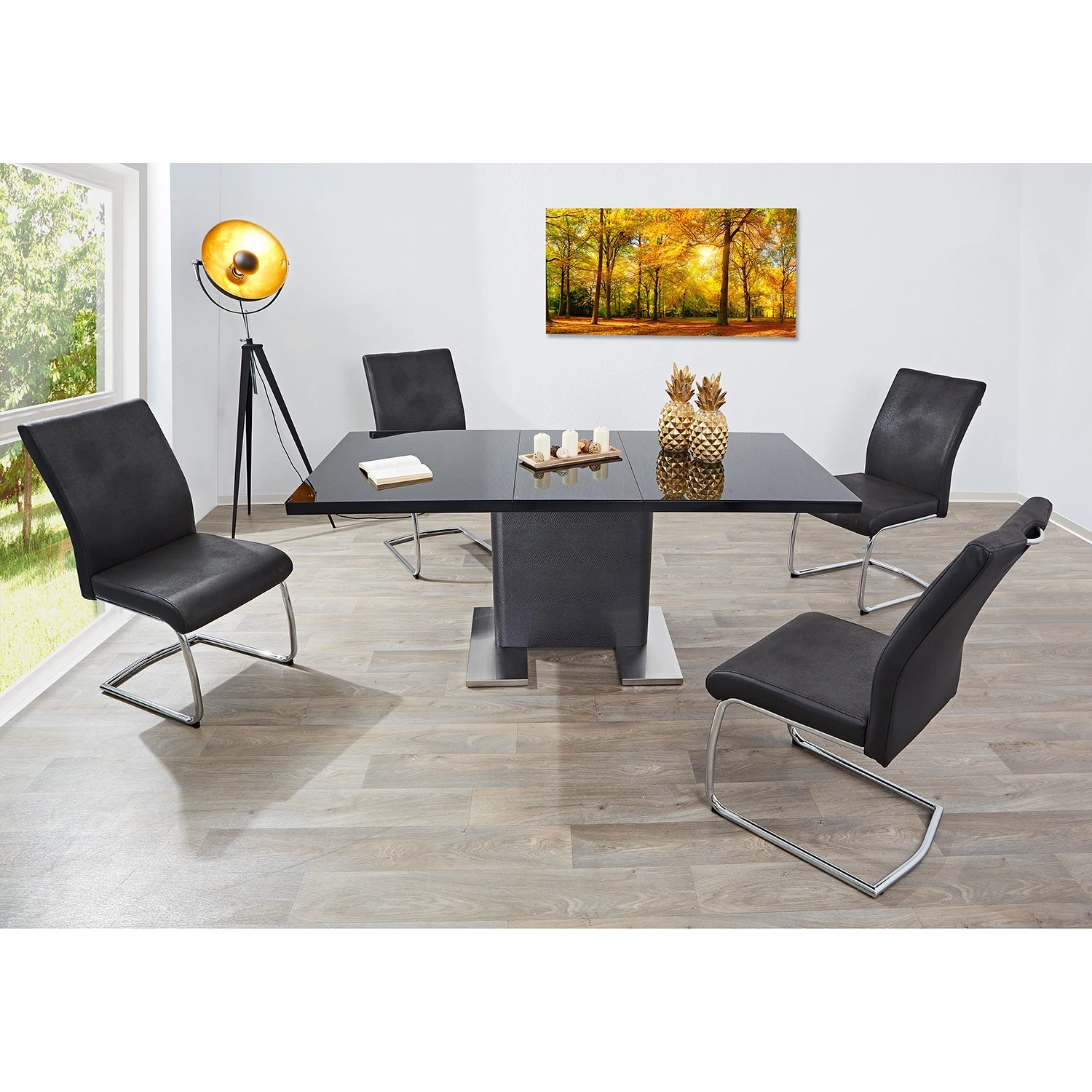 Loftscape Table Rosnay - (extensible) - MDF (panneau de fibres à densité moyenne) & verre / Acier inoxydable - Noir & imitation peau de serpent anthracite / acier inoxydable 3 Loftscape Table Rosnay - (extensible) - MDF (panneau de fibres à densité moyenne) & verre / Acier inoxydable - Noir & imitation peau de serpent anthracite / acier inoxydable – Image 3