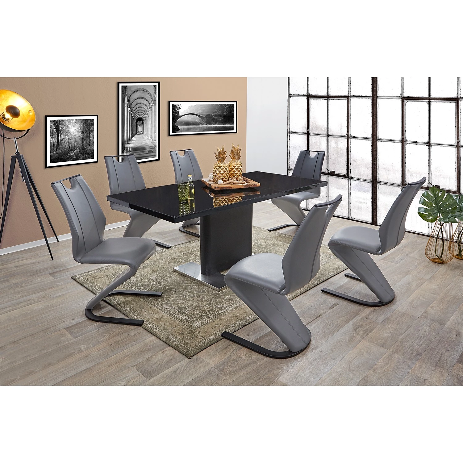 Loftscape Table Rosnay - (extensible) - MDF (panneau de fibres à densité moyenne) & verre / Acier inoxydable - Noir & imitation peau de serpent anthracite / acier inoxydable 5 Loftscape Table Rosnay - (extensible) - MDF (panneau de fibres à densité moyenne) & verre / Acier inoxydable - Noir & imitation peau de serpent anthracite / acier inoxydable – Image 5