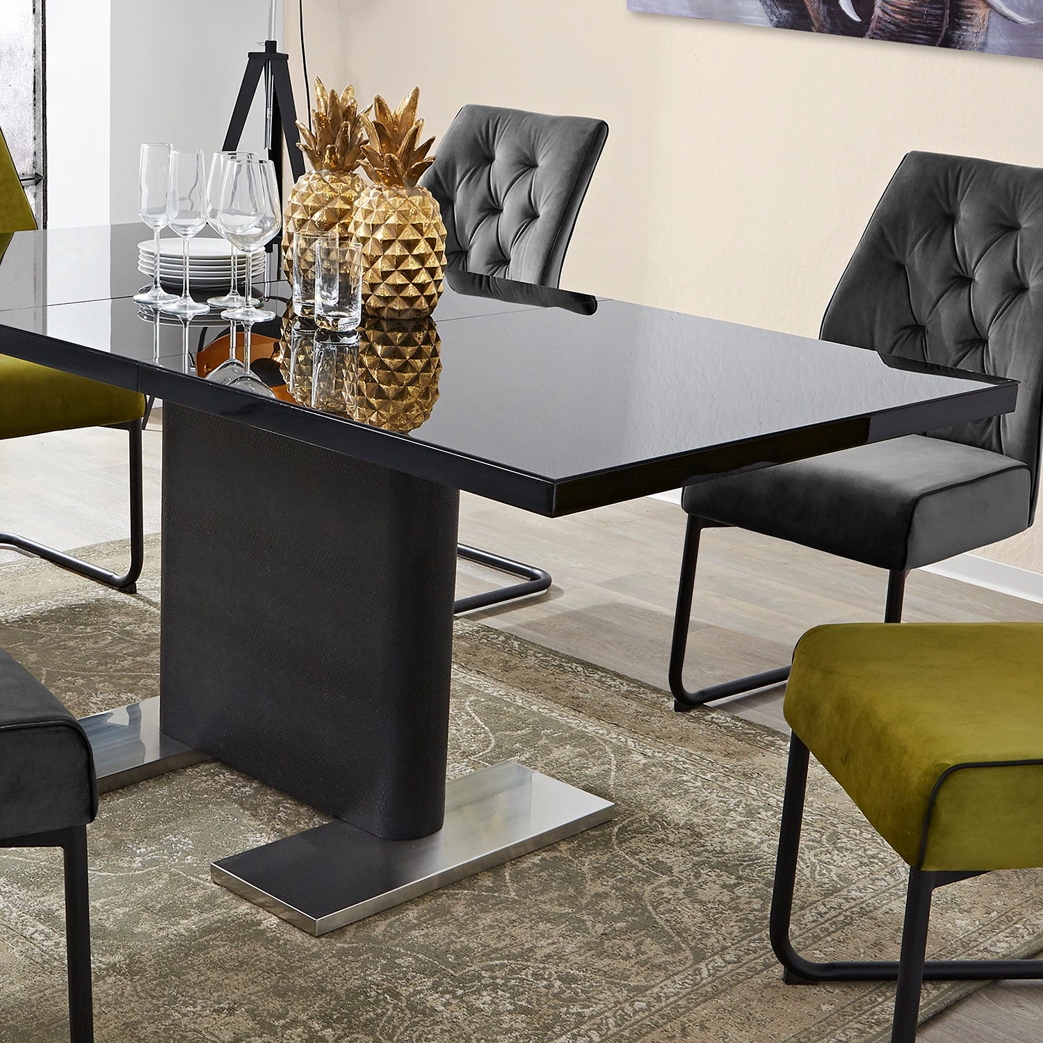 Loftscape Table Rosnay - (extensible) - MDF (panneau de fibres à densité moyenne) & verre / Acier inoxydable - Noir & imitation peau de serpent anthracite / acier inoxydable 10 Loftscape Table Rosnay - (extensible) - MDF (panneau de fibres à densité moyenne) & verre / Acier inoxydable - Noir & imitation peau de serpent anthracite / acier inoxydable – Image 10