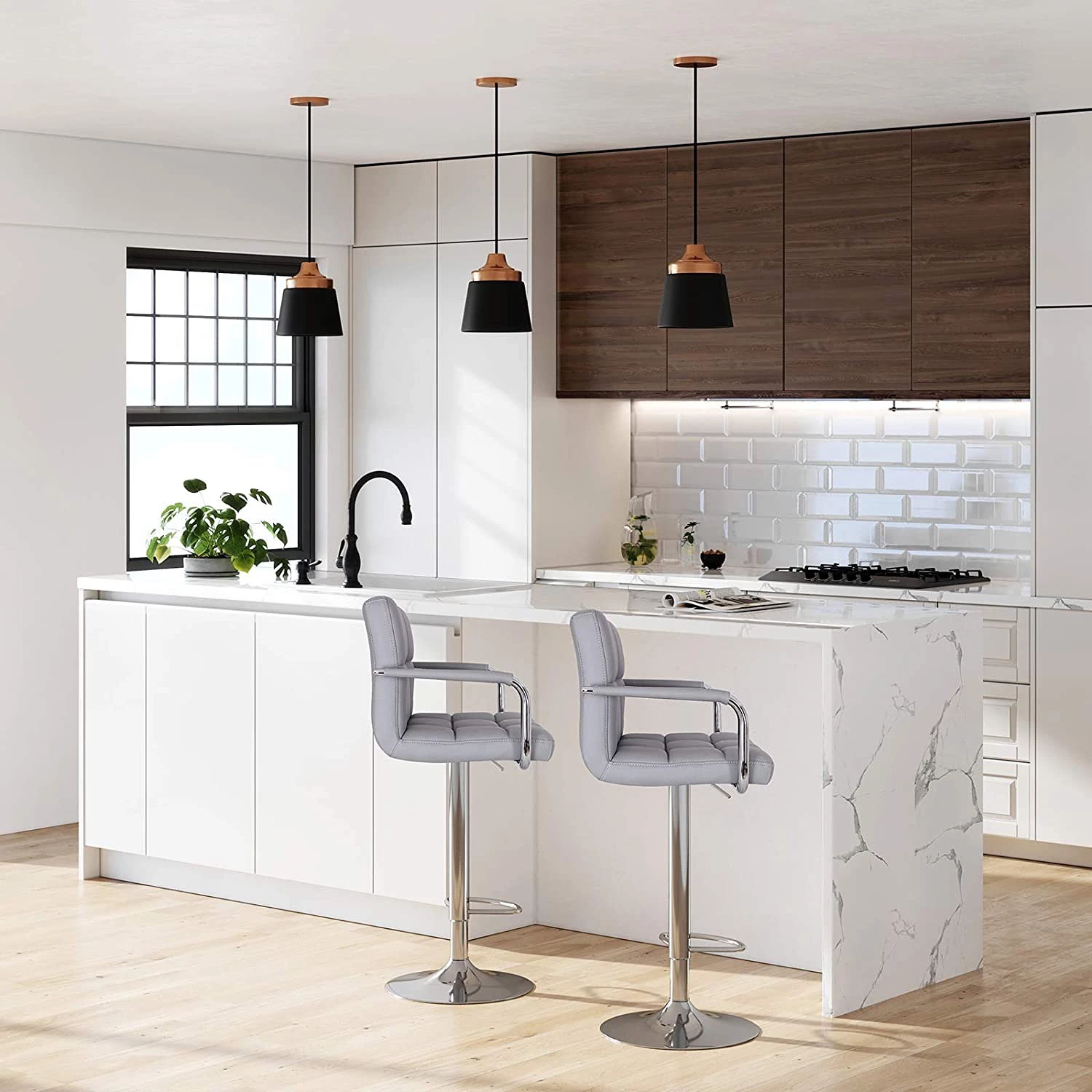 Loftscape Chaises de bar Hillion (lot de 2) - Imitation cuir / Fer - Gris / Chrome 3 Loftscape Chaises de bar Hillion (lot de 2) - Imitation cuir / Fer - Gris / Chrome – Image 3