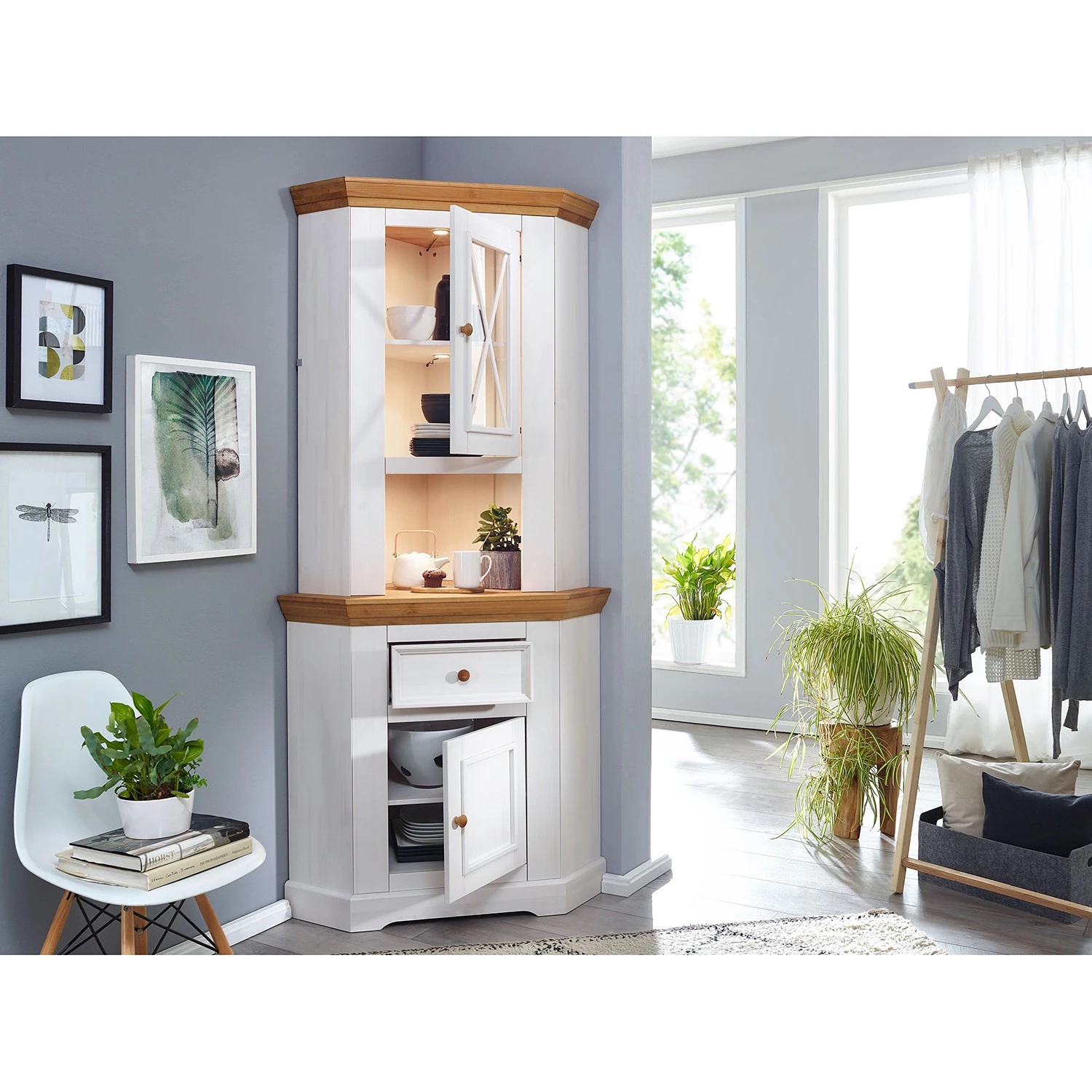 Maison Belfort Haut de buffet d’angle Ummanz - Pin massif - Blanc / Pin 3 Maison Belfort Haut de buffet d’angle Ummanz - Pin massif - Blanc / Pin – Image 3