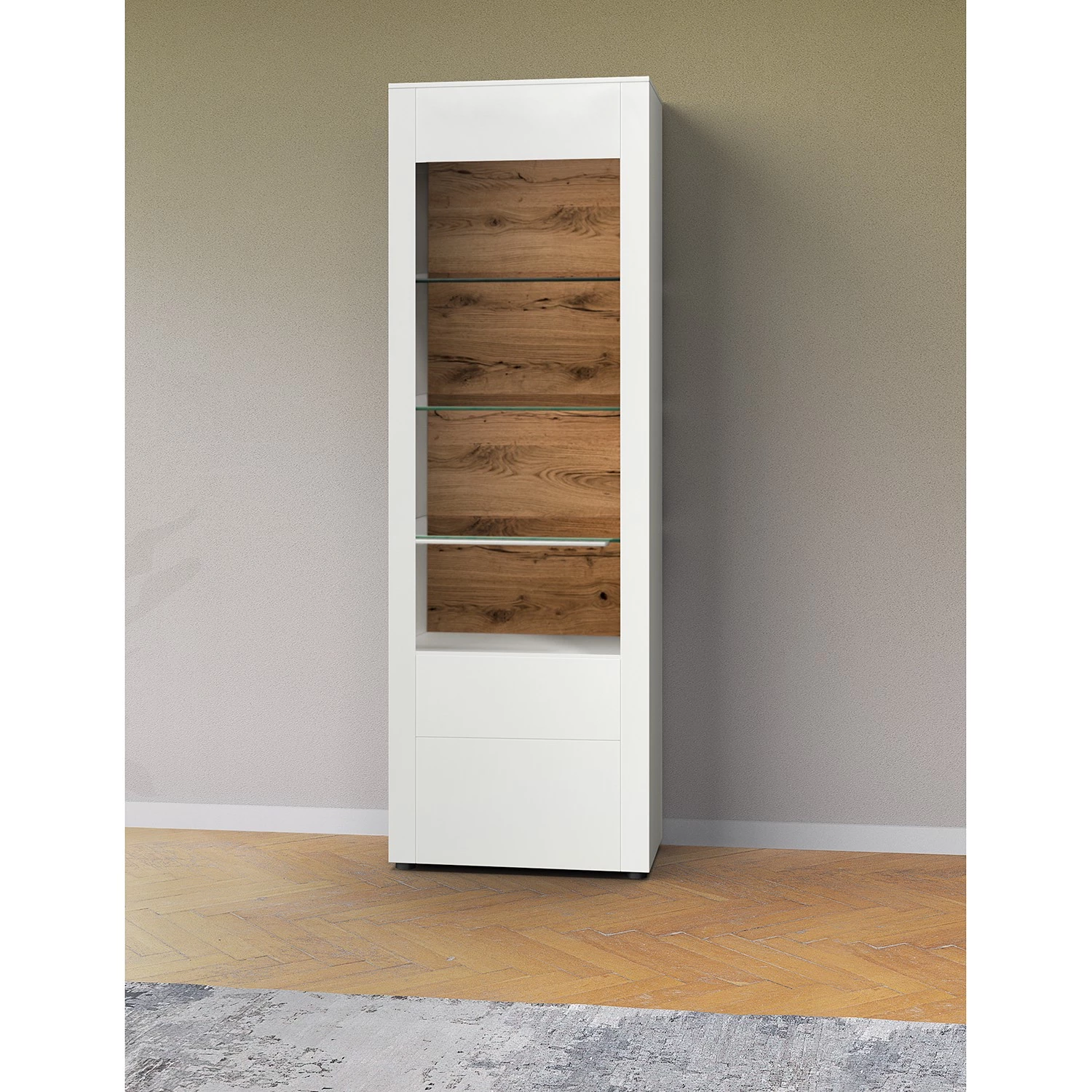 GWINNER Vitrine Bellano - Placage en bois véritable - Mat blanc / Chêne de poutre - Butoir à gauche - Sans éclairage 2 GWINNER Vitrine Bellano - Placage en bois véritable - Mat blanc / Chêne de poutre - Butoir à gauche - Sans éclairage – Image 2