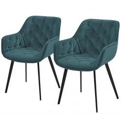 Jack & Alice Chaises à accoudoirs Kiana (lot de 2) - Velours / Acier - Bleu pétrole / Noir