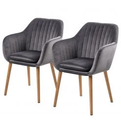 Mørteens Chaises à accoudoirs Tilanda - Tissu / Chêne massif - Velours Kemi: Gris foncé - Lot de 2