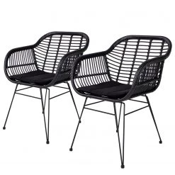 Naturoo Chaises à accoudoirs Corduroy (lot de 2) - (avec coussin d’assise) - Rotin / Métal - Rotin / Noir
