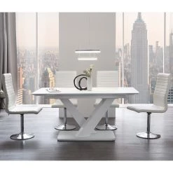 Loftscape Salle à manger Kosis (5 éléments) - (Extensible) - Imitation cuir / Acier inoxydable - Blanc / Chrome