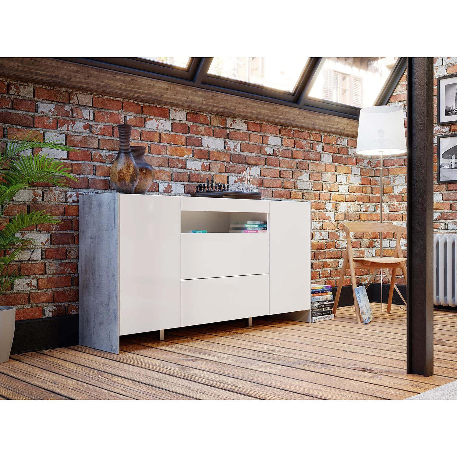 Loftscape Buffet Urban I - Éclairage Éclairage - Blanc / Imitation chêne gris 2 Loftscape Buffet Urban I - Éclairage Éclairage - Blanc / Imitation chêne gris – Image 2