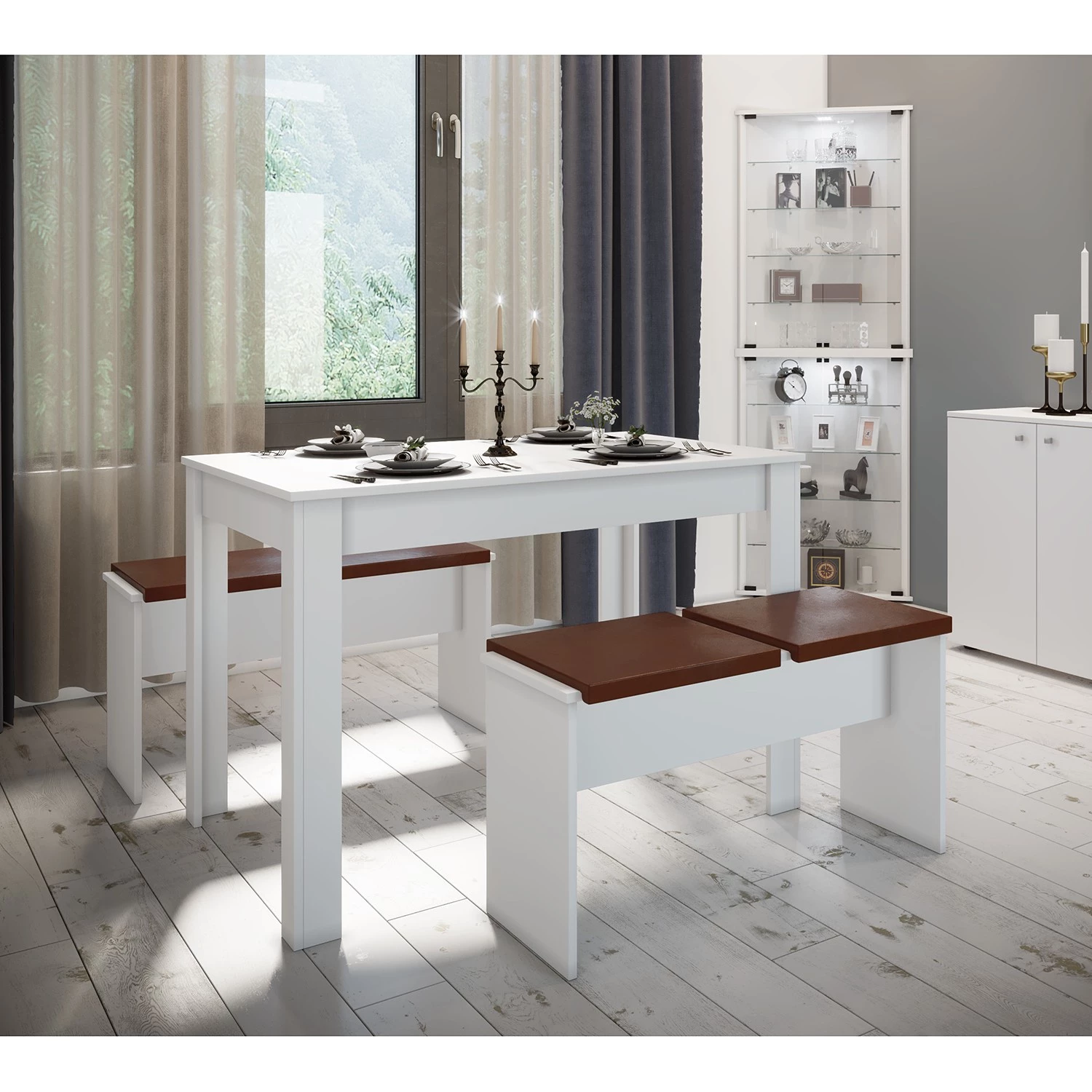 VCM Salle à manger Esal XXL (3 éléments) - Blanc / Marron 2 VCM Salle à manger Esal XXL (3 éléments) - Blanc / Marron – Image 2