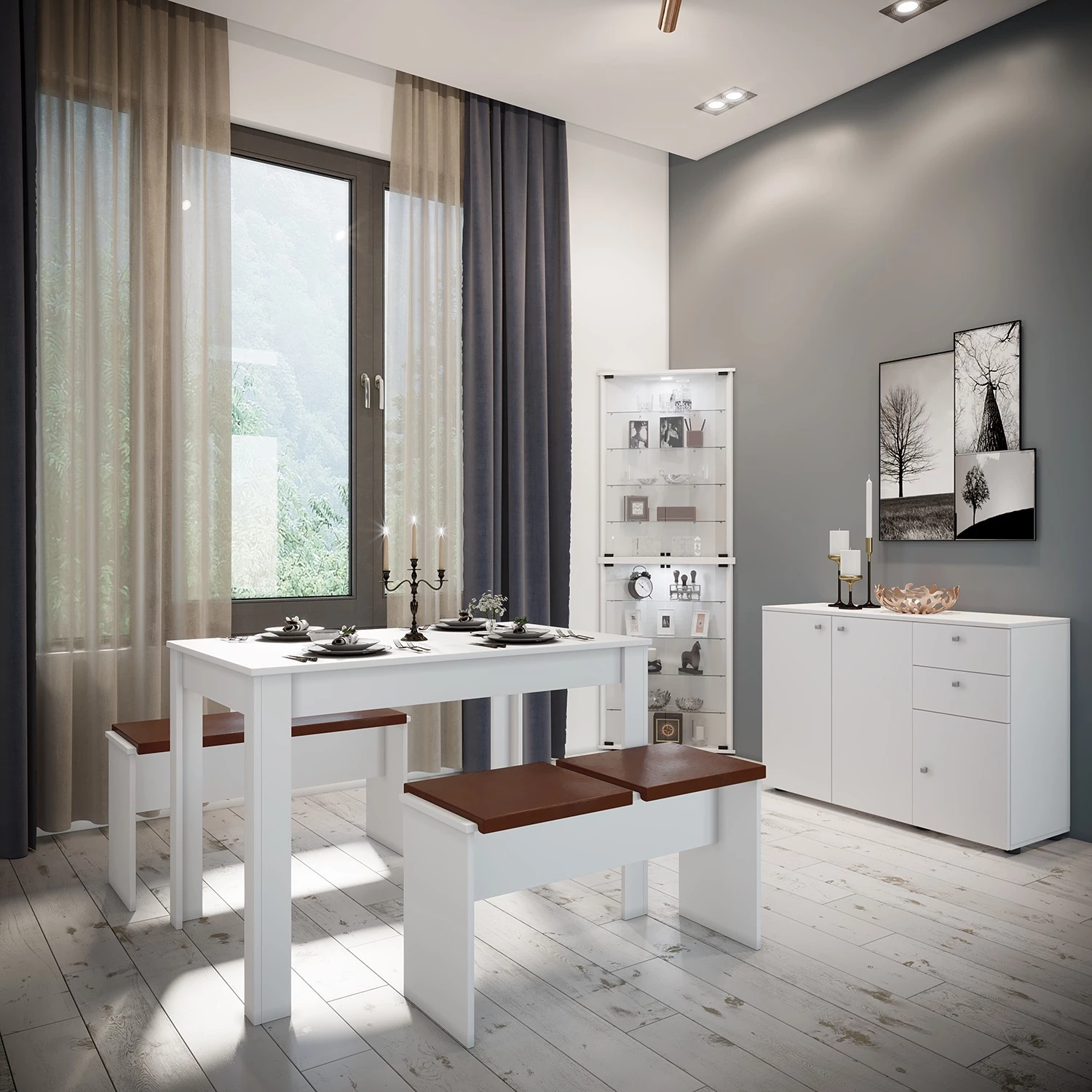 VCM Salle à manger Esal XXL (3 éléments) - Blanc / Marron 3 VCM Salle à manger Esal XXL (3 éléments) - Blanc / Marron – Image 3